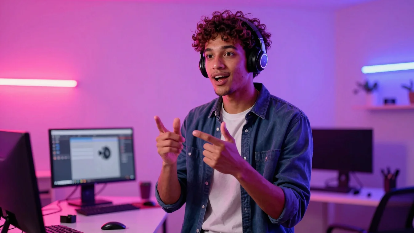 Dynamic portrait of a young, diverse tech creator in a modern stu