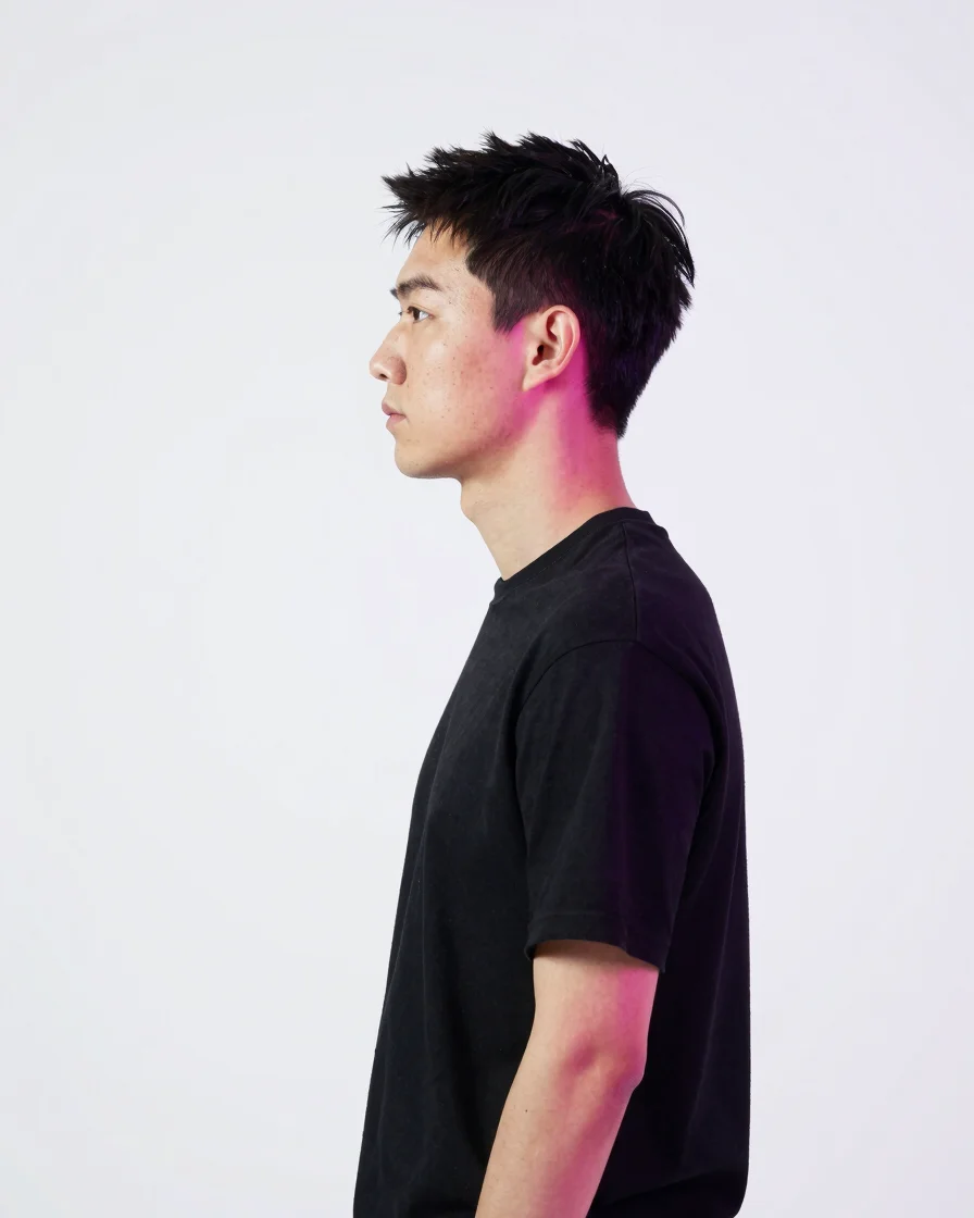 Profile portrait of a tech editor in a high-key studio, neon accents, crisp contrast, 35mm prime lens