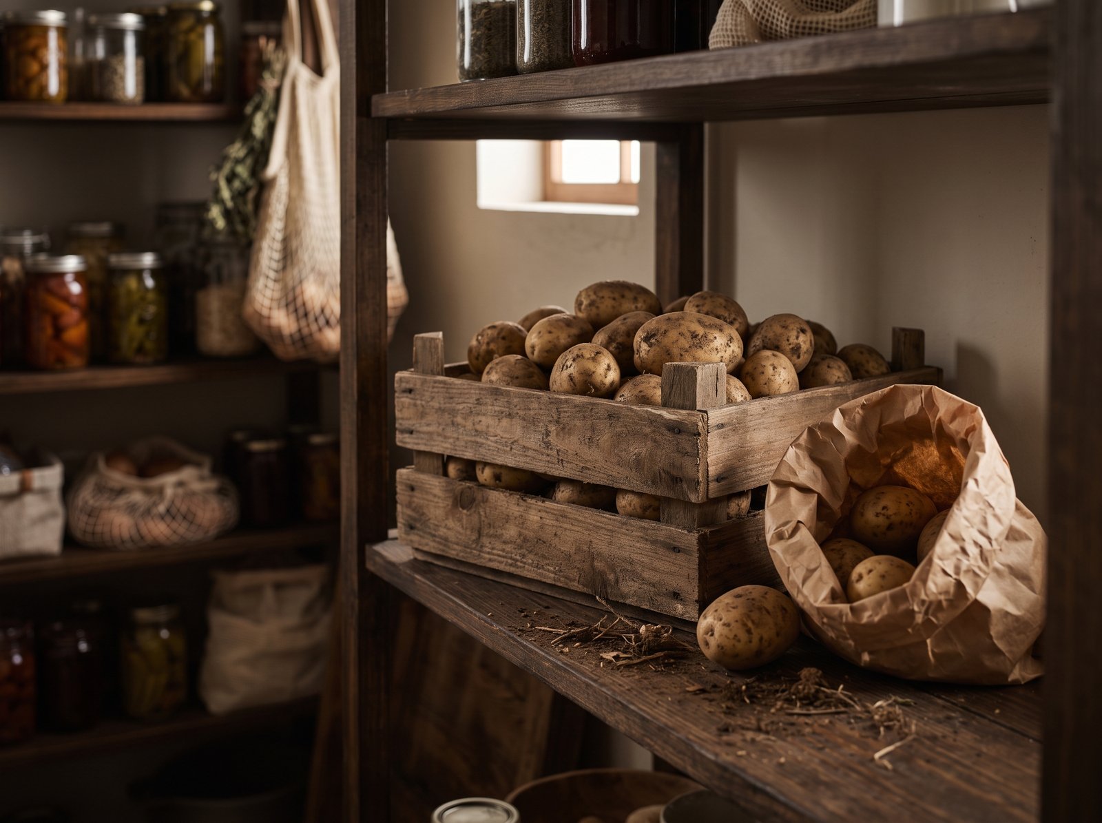 how to store potatoes so they don't sprout in a wooden crate in a dark pantry